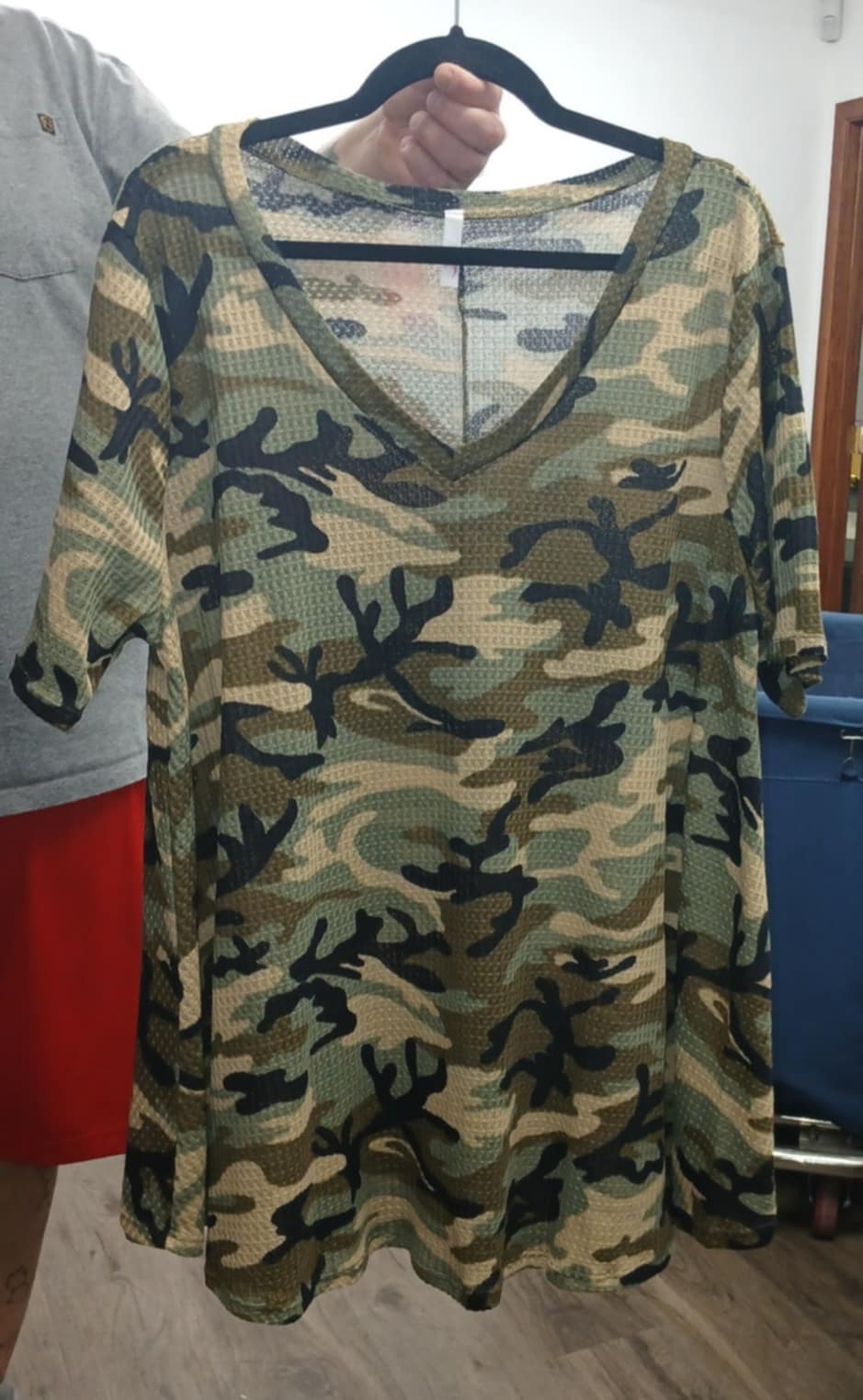 Camo Waffle Weave V Neck Shirt Top