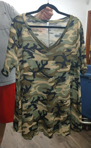 Camo Waffle Weave V Neck Shirt Top