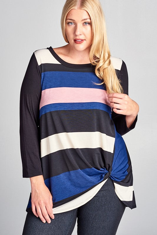 Black Blue Pink Stripe Knot Front Shirt Top