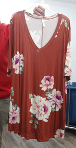 Rust Floral V Neck Shirt Top