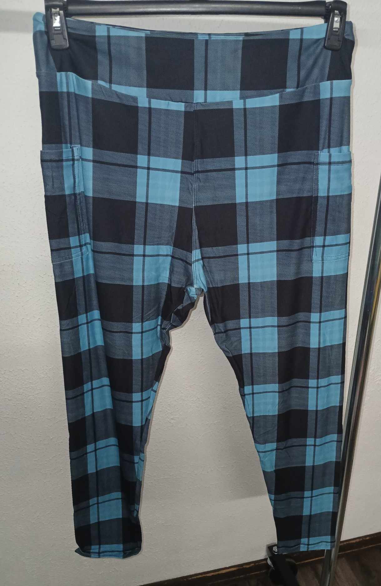 Teal & Black Plaid Full Length Legging Leggings w Pockets