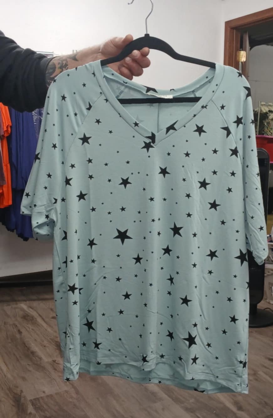Light Sage Green V Neck Star Shirt Top