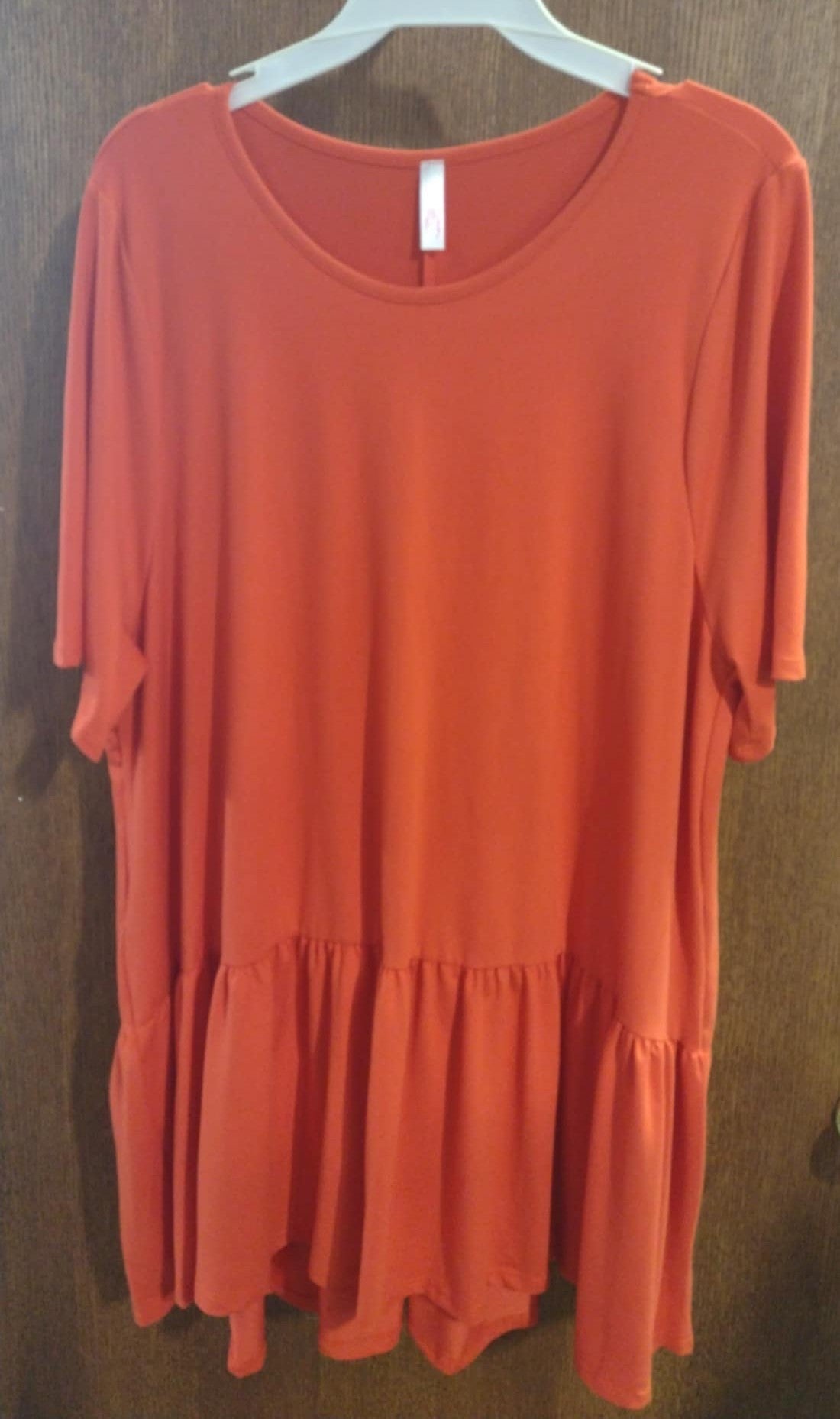 Solid Orange Red Shirt Top w Ruffle Hem