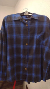 Blue Black Plaid Button Up Down Shirt Top