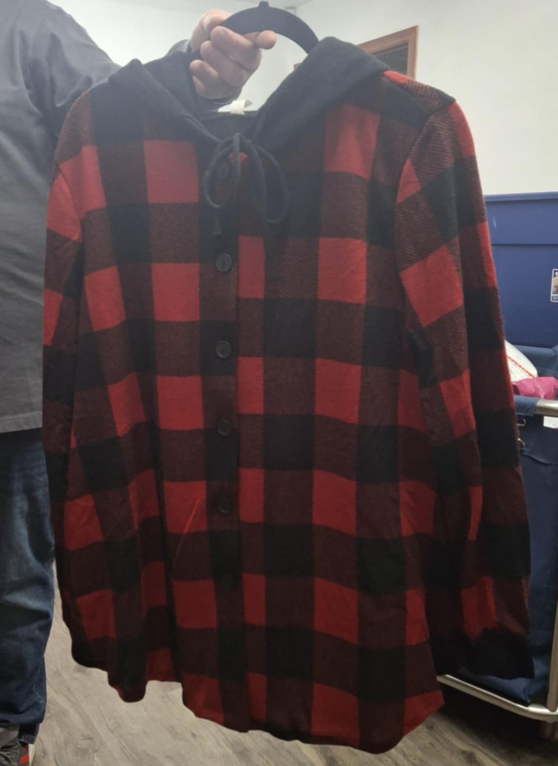 Red Black Plaid Button Up Hoodie Hooded Shirt Top