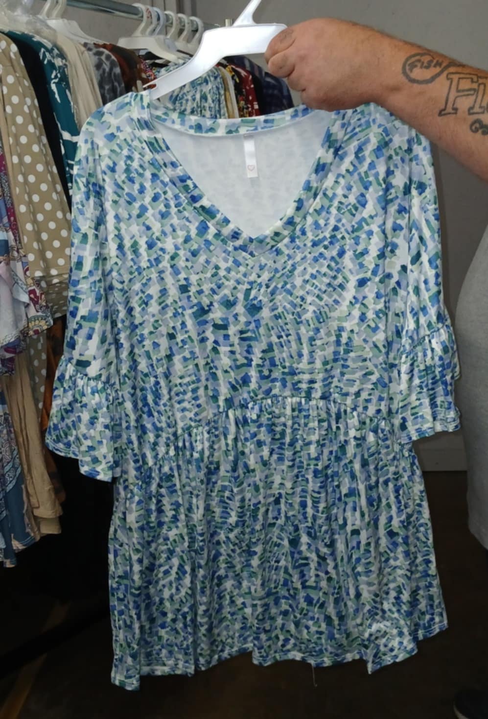Blue Green Watercolor V Neck Shirt Top