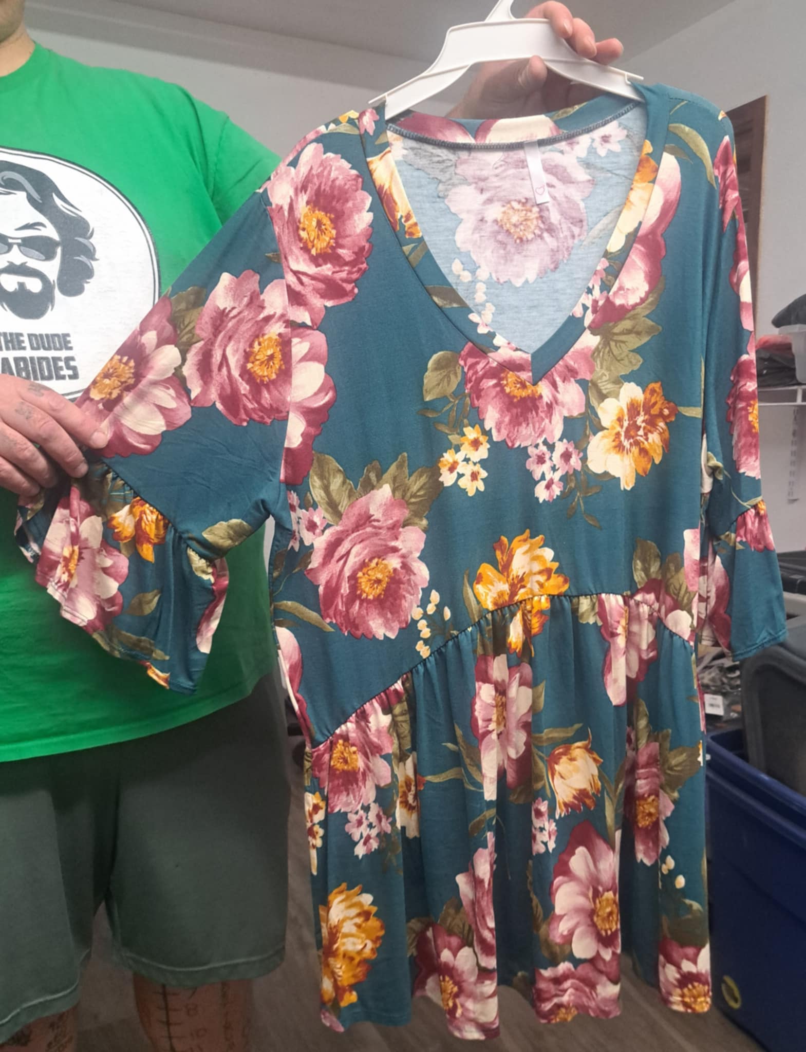 Teal Pink Floral V Neck Shirt Top