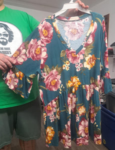 Teal Pink Floral V Neck Shirt Top