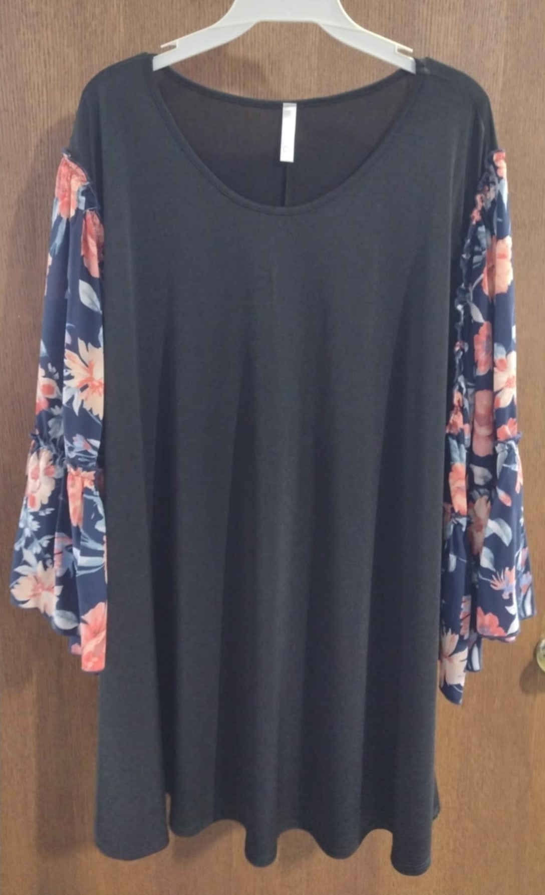 Black Shirt Top w Blue Floral Sleeves