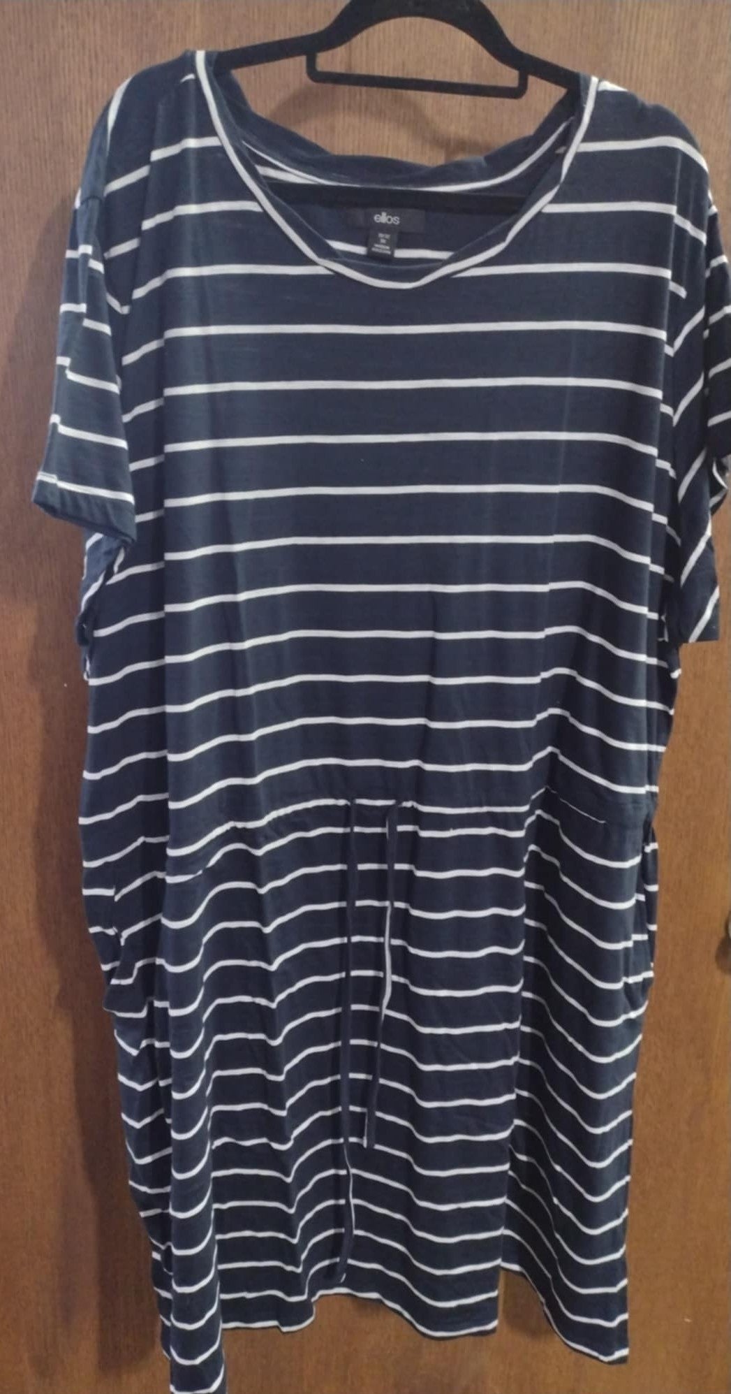 Navy Stripe Dress Drawstring Waist w Pockets