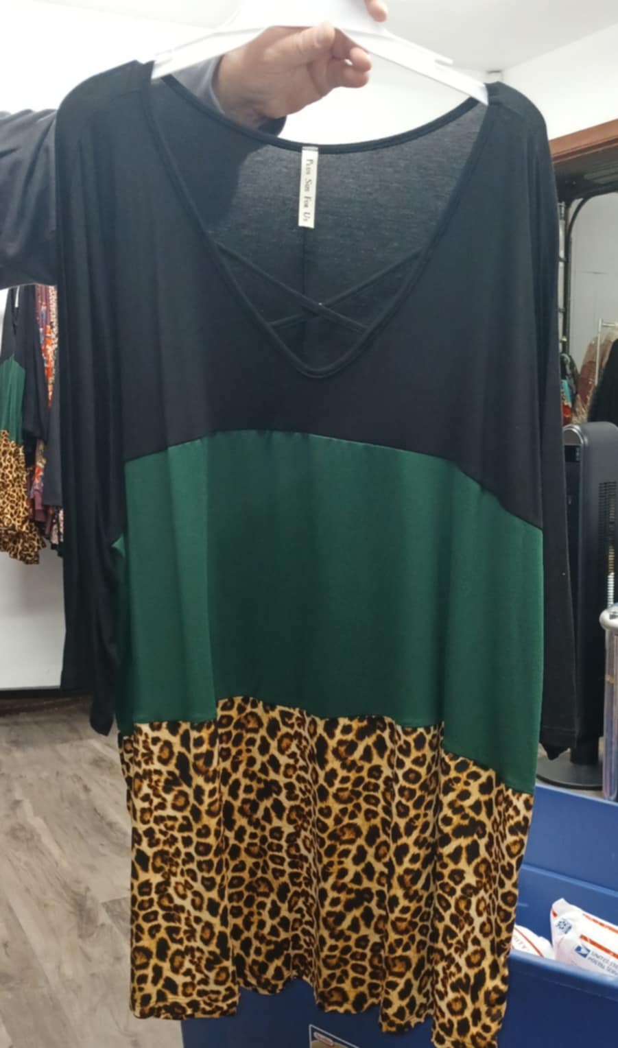 PSFU Black Green Leopard X Criss Cross Caged Neckline Colorblock Shirt Top