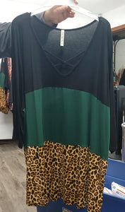 PSFU Black Green Leopard X Criss Cross Caged Neckline Colorblock Shirt Top