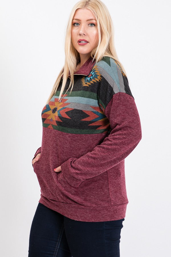 Burgundy Aztec 1/4 Zip Shirt Top