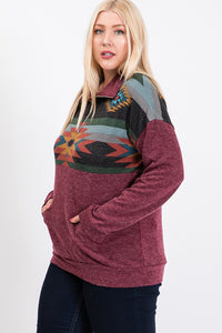 Burgundy Aztec 1/4 Zip Shirt Top