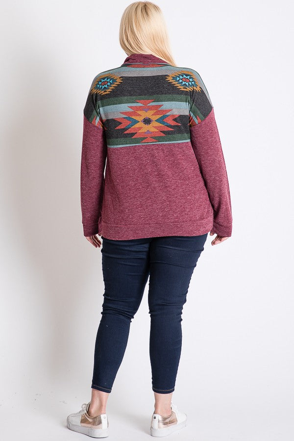 Burgundy Aztec 1/4 Zip Shirt Top