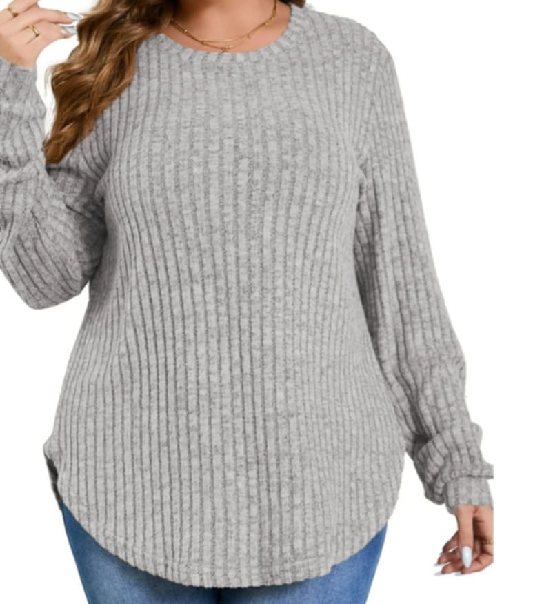 Gray Ribbed Shirt Top Long Sleeves