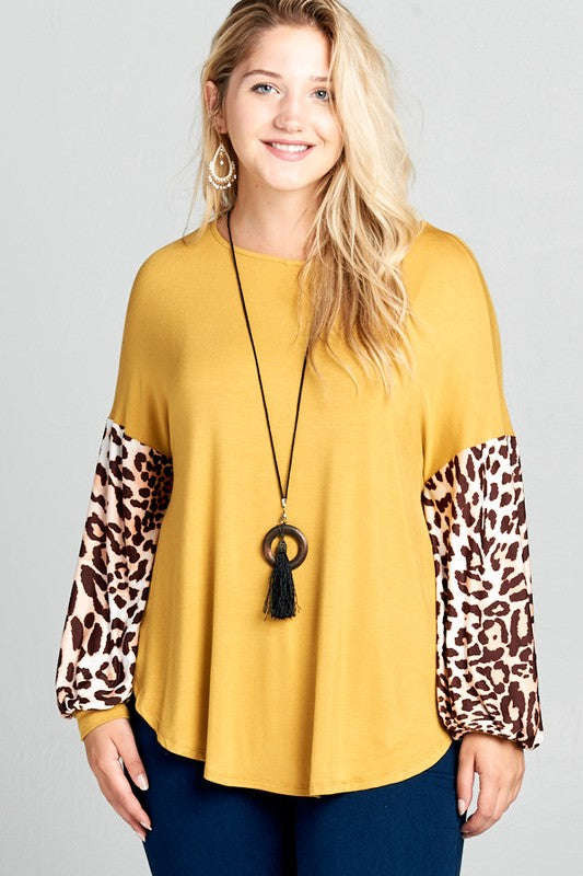 Gold Shirt Top with Leopard Bubble Sleeves