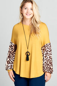 Gold Shirt Top with Leopard Bubble Sleeves