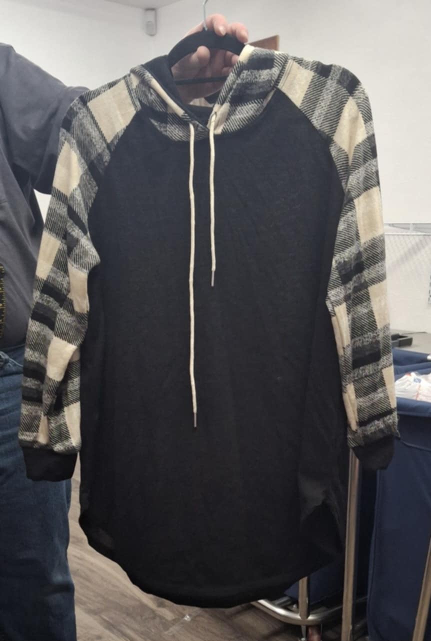Black Hoodie with Plaid Sleeves