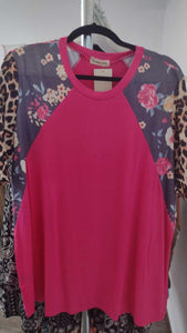 Pink Floral Leoaprd Sleeve Shirt Top