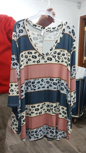 Pink Teal Blue Stripe Leopard Shirt Top