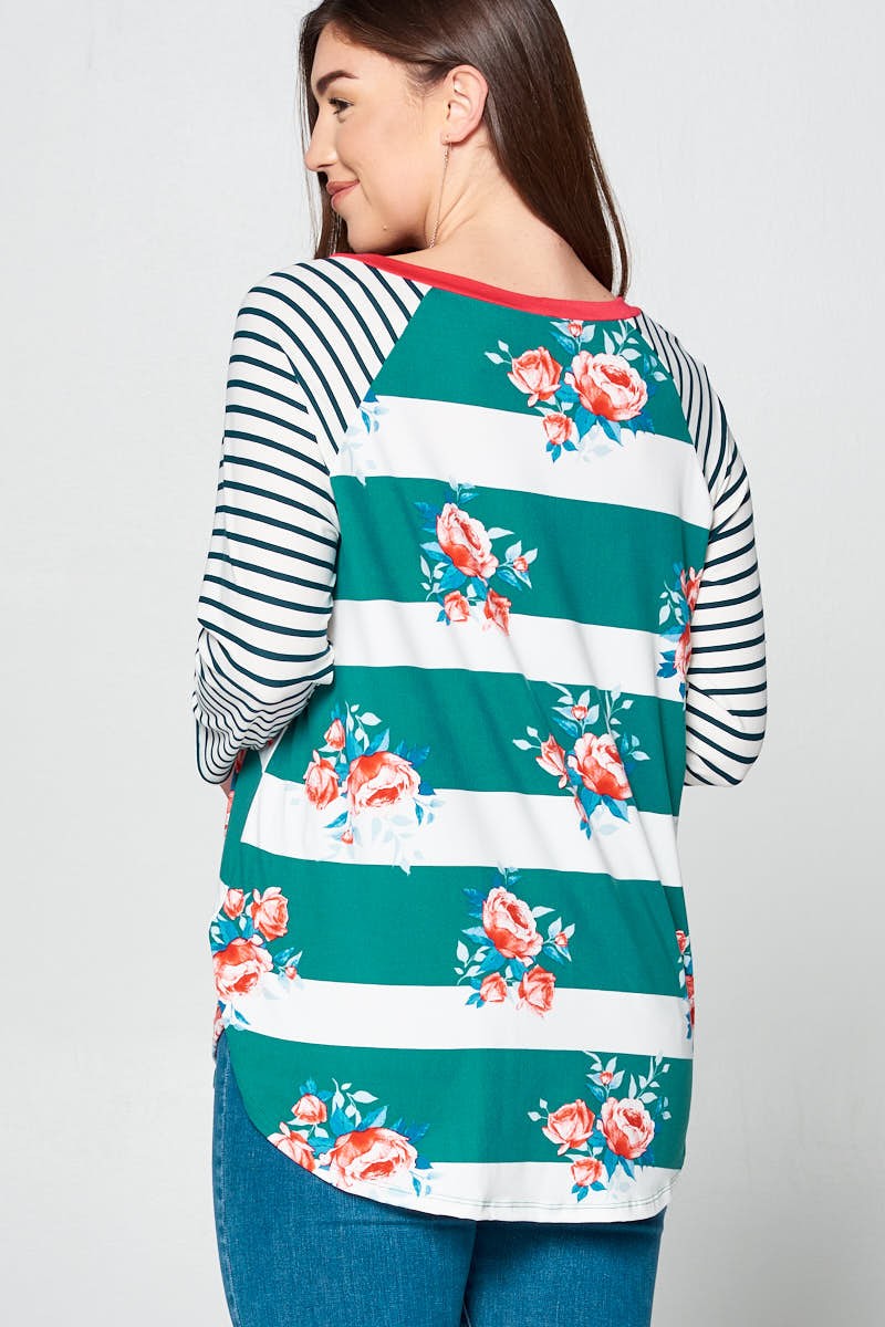 Green Floral Stripe Sleeve Shirt Top