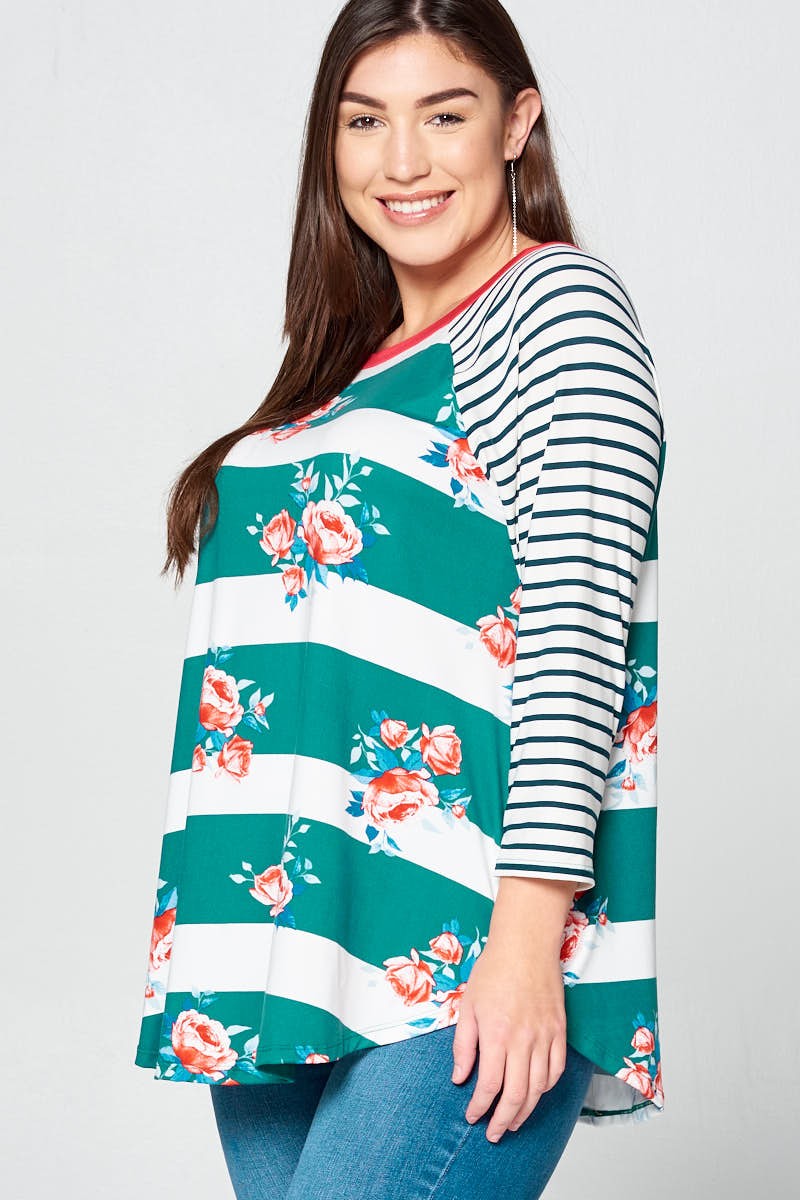Green Floral Stripe Sleeve Shirt Top