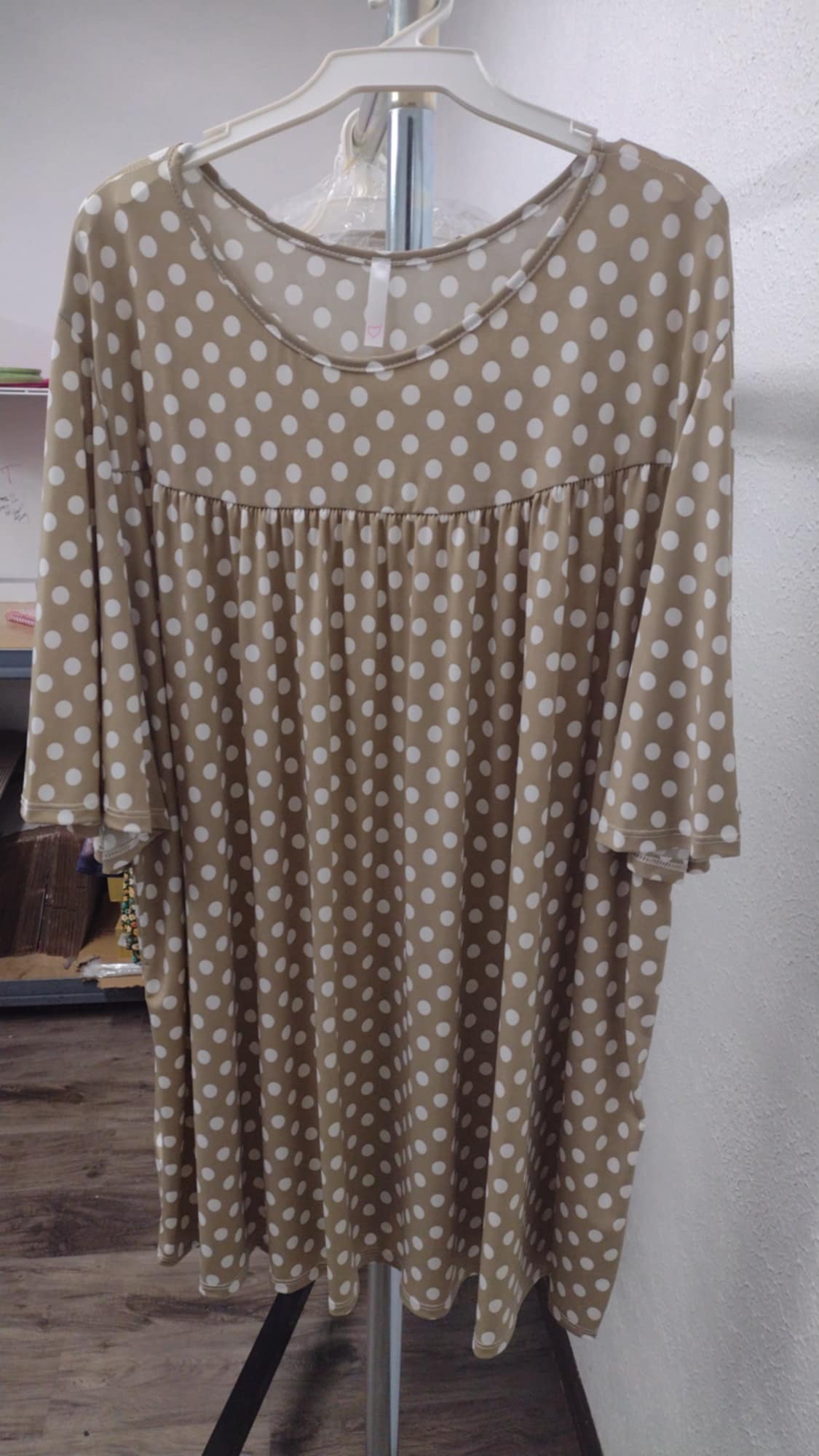 Beige Polka Dot Shirred Shirt Top