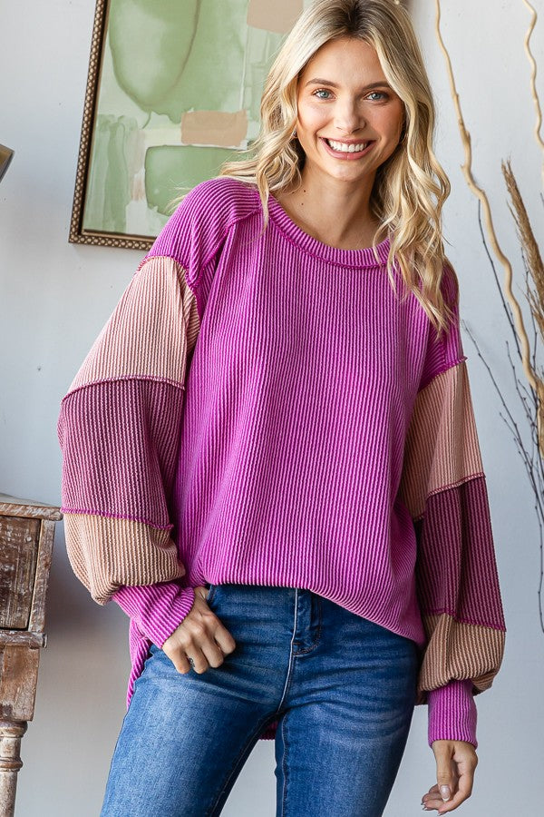 Pink Purple Colorblock Bubble Sleeve Shirt Top