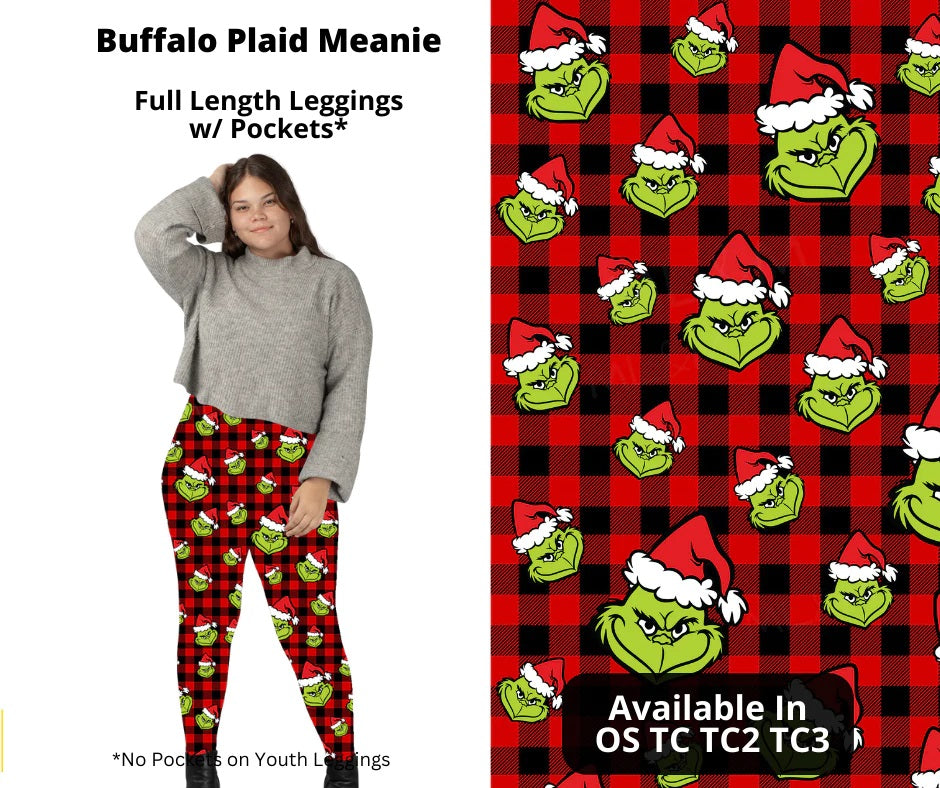 Buffalo Plaid Meanie Grinch Face Full Length Leggings w/ Pockets