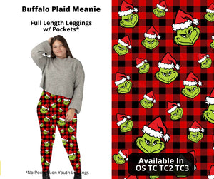 Buffalo Plaid Meanie Grinch Face Full Length Leggings w/ Pockets