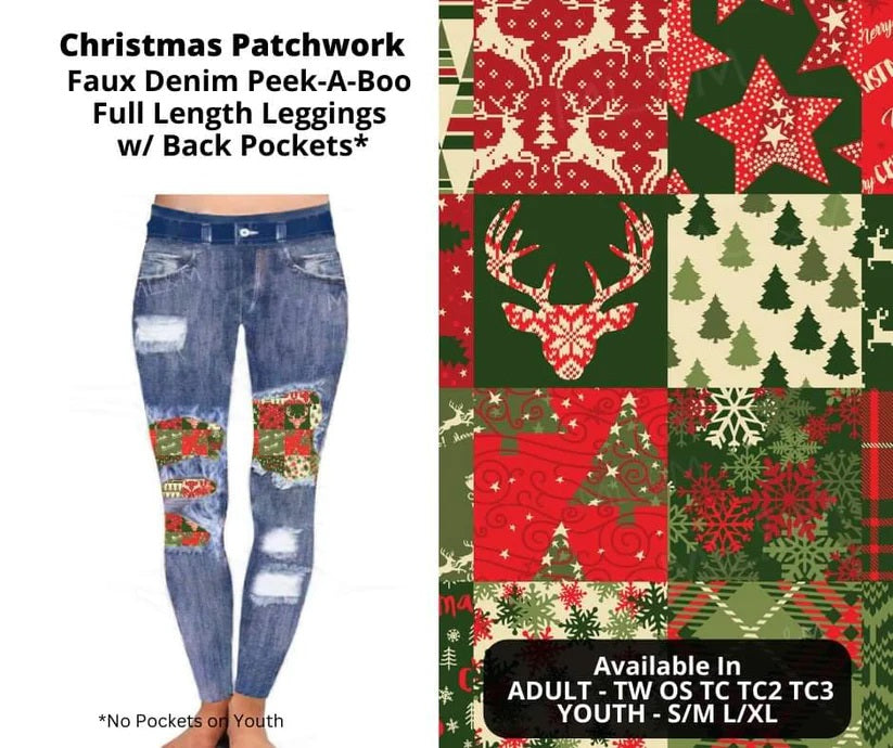 Christmas Patchwork Faux Denim Full Length Peekaboo Leggings