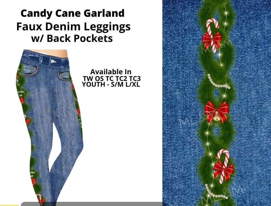 Candy Cane Garland Full Length Faux Denim w/ Side Leg Designs Leggings Legging