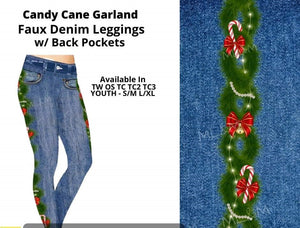 Candy Cane Garland Full Length Faux Denim w/ Side Leg Designs Leggings Legging