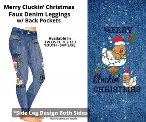 Merry Cluckin' Christmas Full Length Faux Denim w/ Side Leg Chicken Design