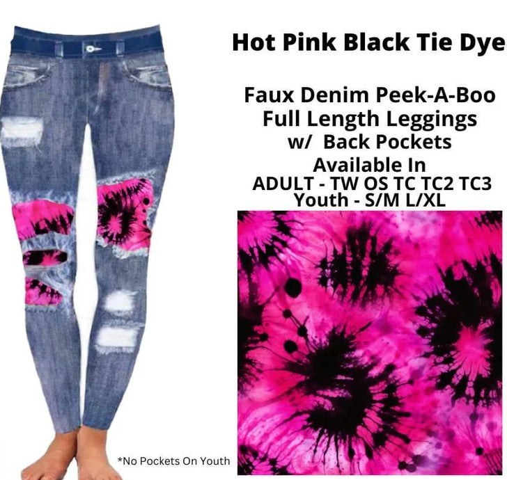 Faux Denim Pink Black Tie Dye Patch Full Length Legging Leggings