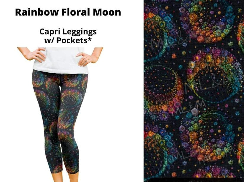 Rainbow Floral Moon Capris Capri Length w/ Pockets