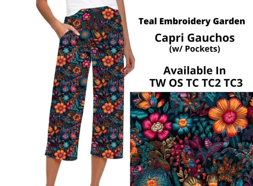 Teal Embroidery Garden Capri Capris Gaucho Gauchos