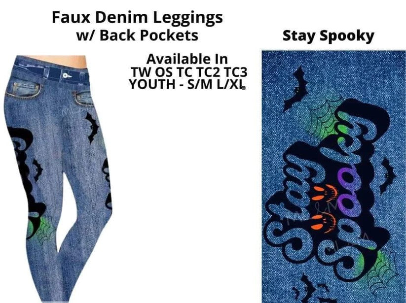 Stay Spooky Full Length Faux Denim w/ Side Leg Designs Leggings