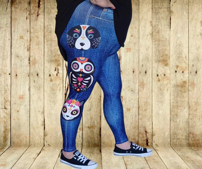 Sugar Skull Friends Full Length Faux Denim w/ Side Leg Designs Leggings