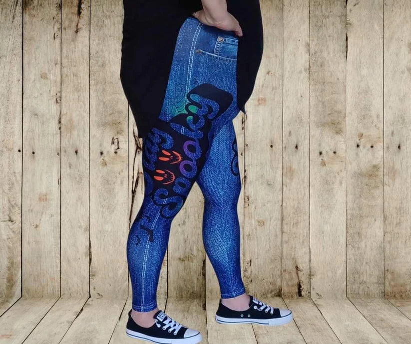 Stay Spooky Full Length Faux Denim w/ Side Leg Designs Leggings