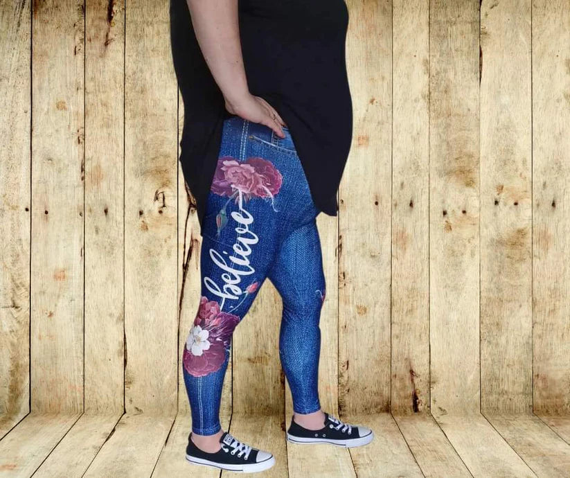 Faux Denim Full Length Leggings - BELIEVE