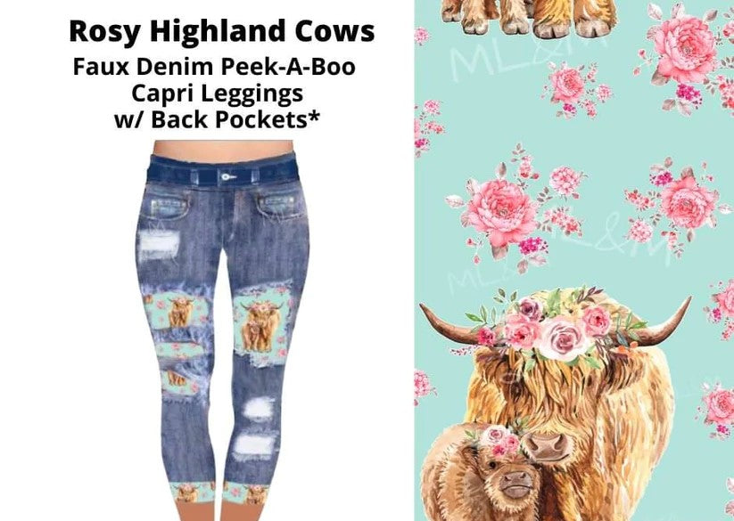 Rosy Highland Cows Faux Denim Capris