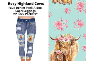 Rosy Highland Cows Faux Denim Capris