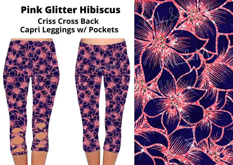 Pink Glitter Hibiscus Criss Cross Capri w/ Pockets