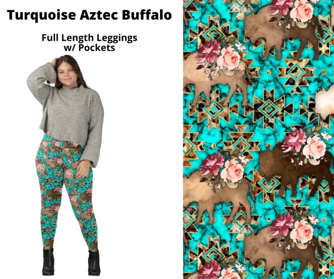 Turquoise Aztec Buffalo Full Length Leggings w/ Pockets