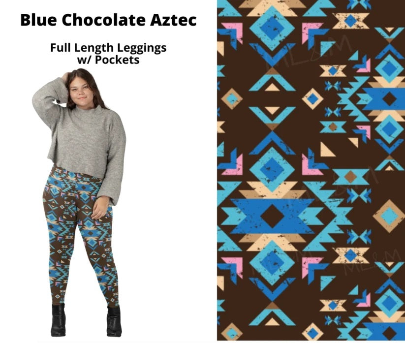 Blue Chocolate Aztec Full Length Leggings w/ Pockets