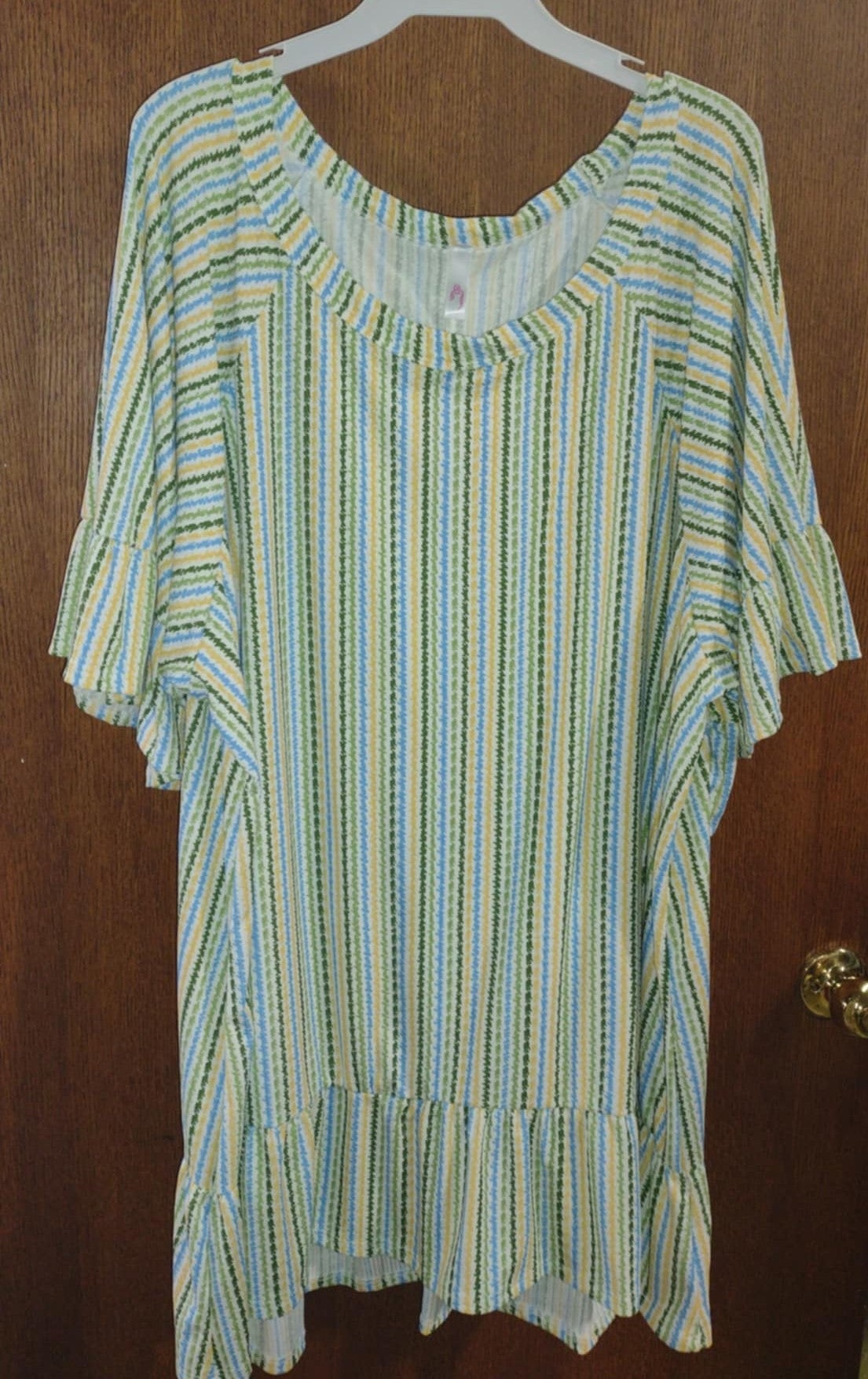 Green Blue Yellow Vertical Stripe Shirt Top
