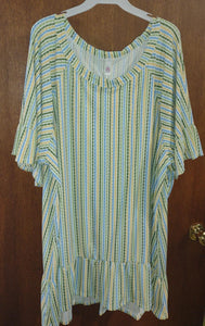 Green Blue Yellow Vertical Stripe Shirt Top
