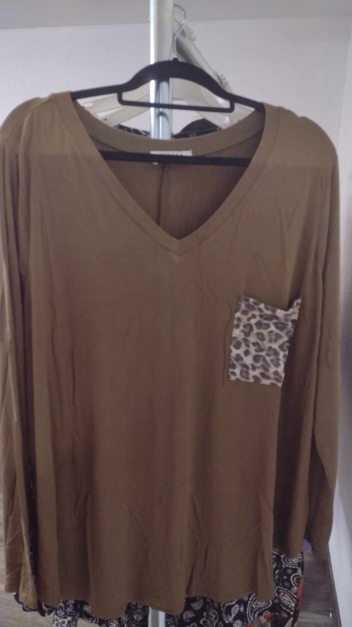 Green V Neck Leopard Pocket Shirt Top